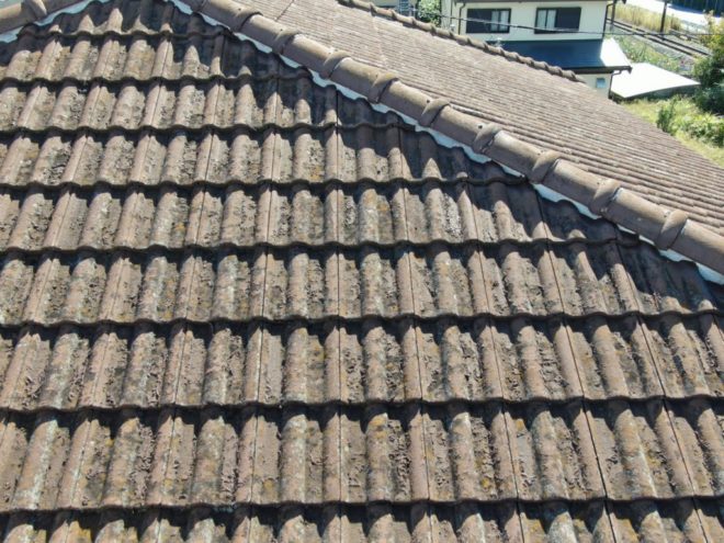 写真３．屋根のドローン調査
コケやカビが生えている様子がわかる