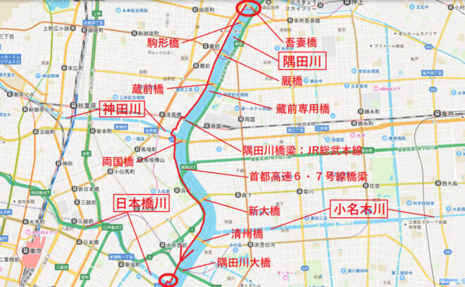 図16．隅田川ウォーキング：吾妻橋→日本橋川河口