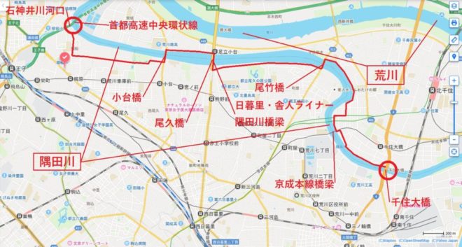 Δ図14．隅田川ウォーキング：石神井川河口→千住大橋