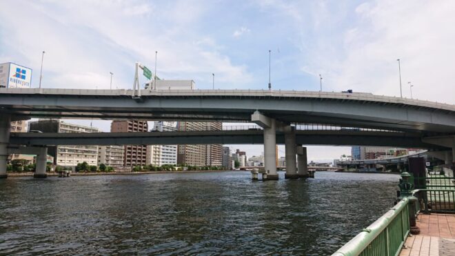 写真９．首都高速６号線隅田川橋梁：隅田川右岸上流側から撮影