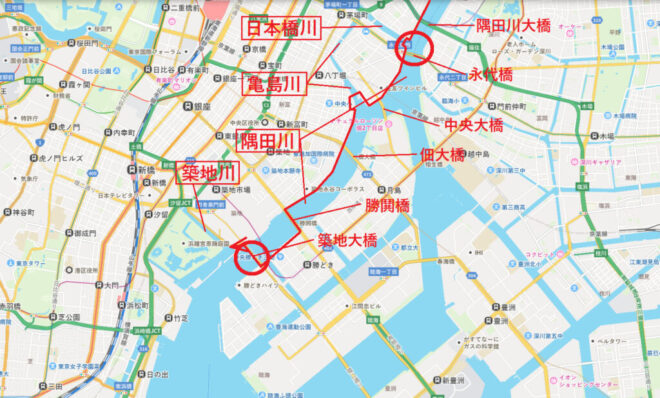 図17．隅田川ウォーキング：日本橋川河口→築地大橋